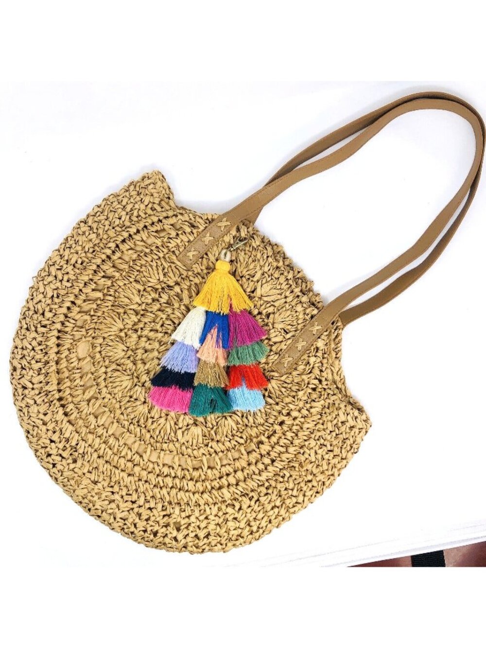 CoCopeanut Purse Beige Woven Straw Round Palomino Colorful Tassels Summer Bag*